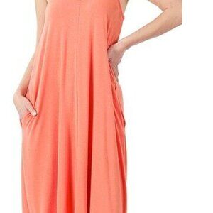 ZENANA Women's V Neck Cami Midi Dress Adjustable Spaghetti Strap Pockets Plus